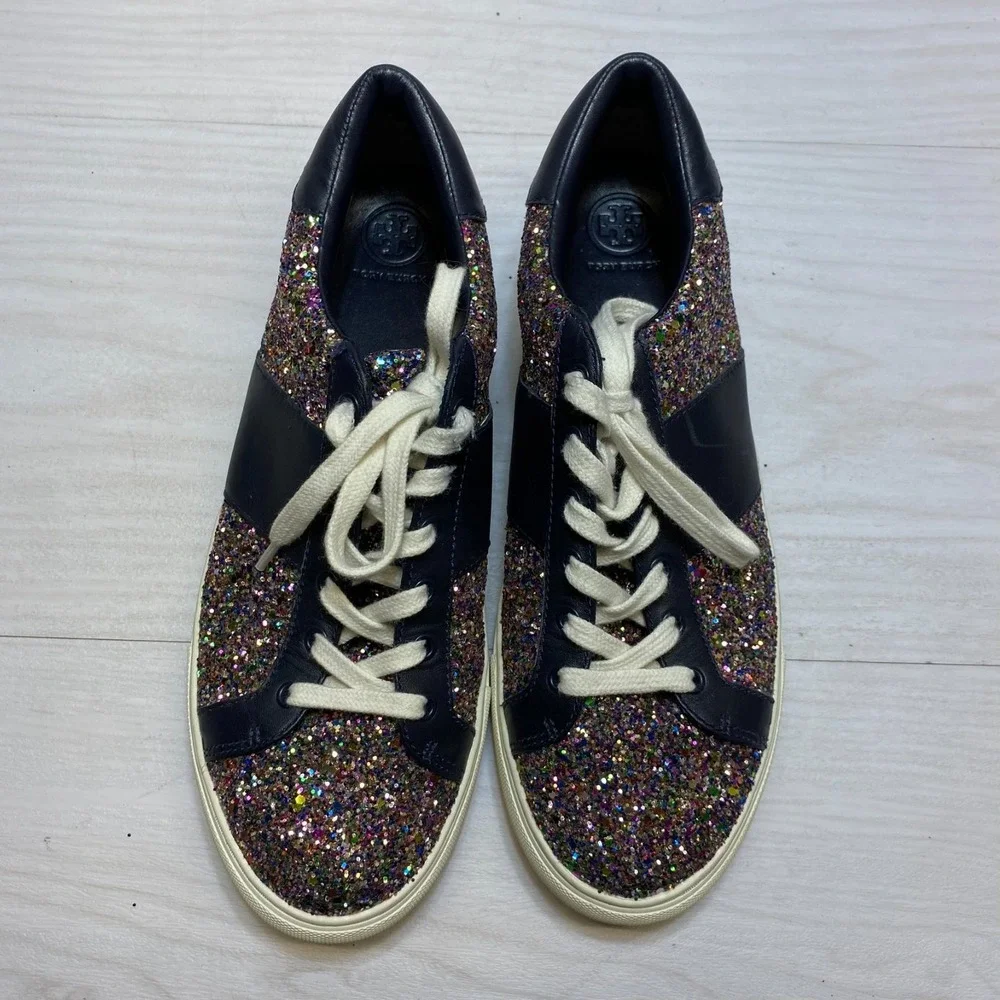 Tory‎ Burch Carter Sneakers Womens Size 10M Black Glitter Embellished Lace-up